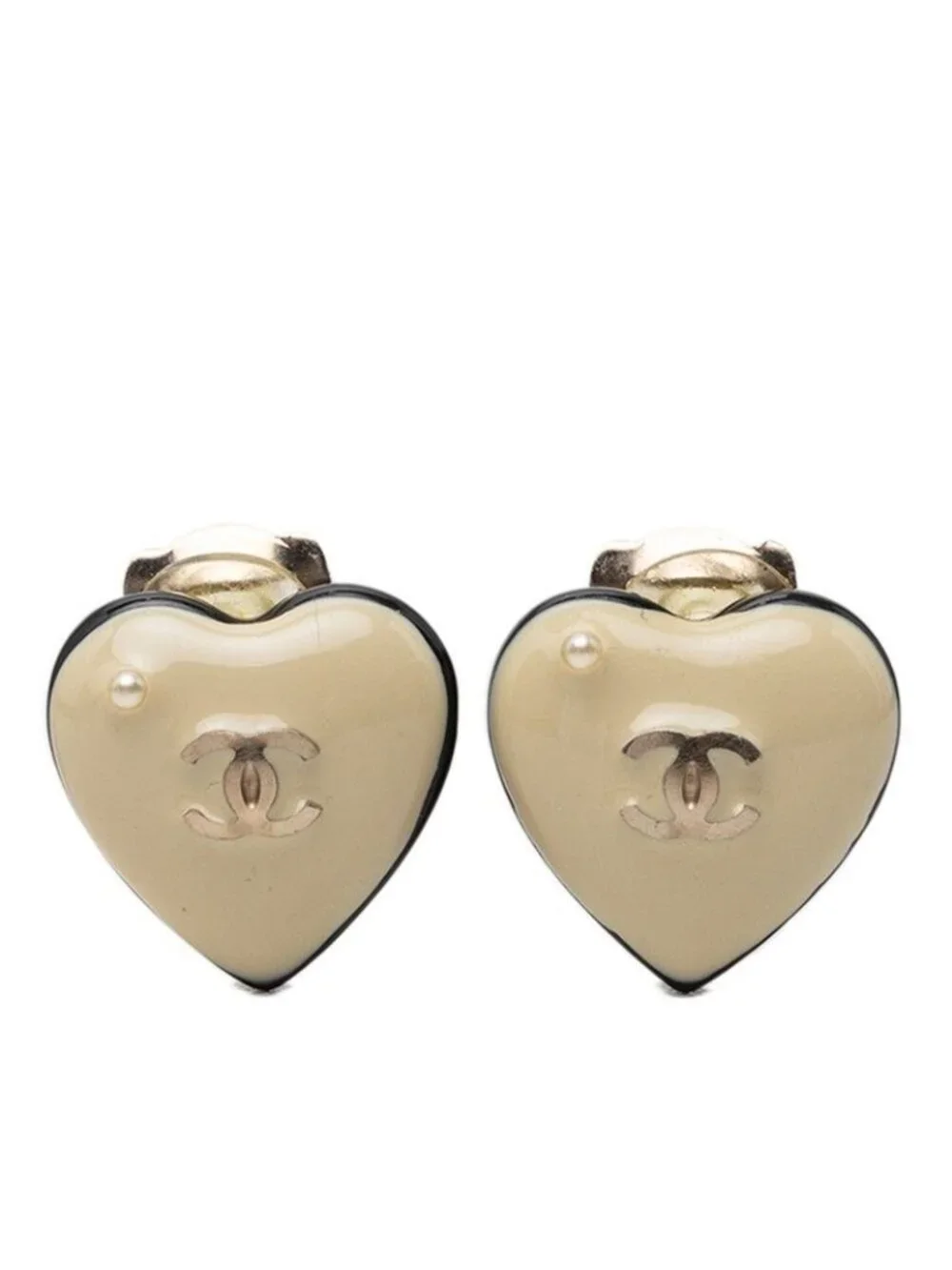 Chanel CC Logo Heart Motif Earrings Gold Beige Black Plated Faux Pearl